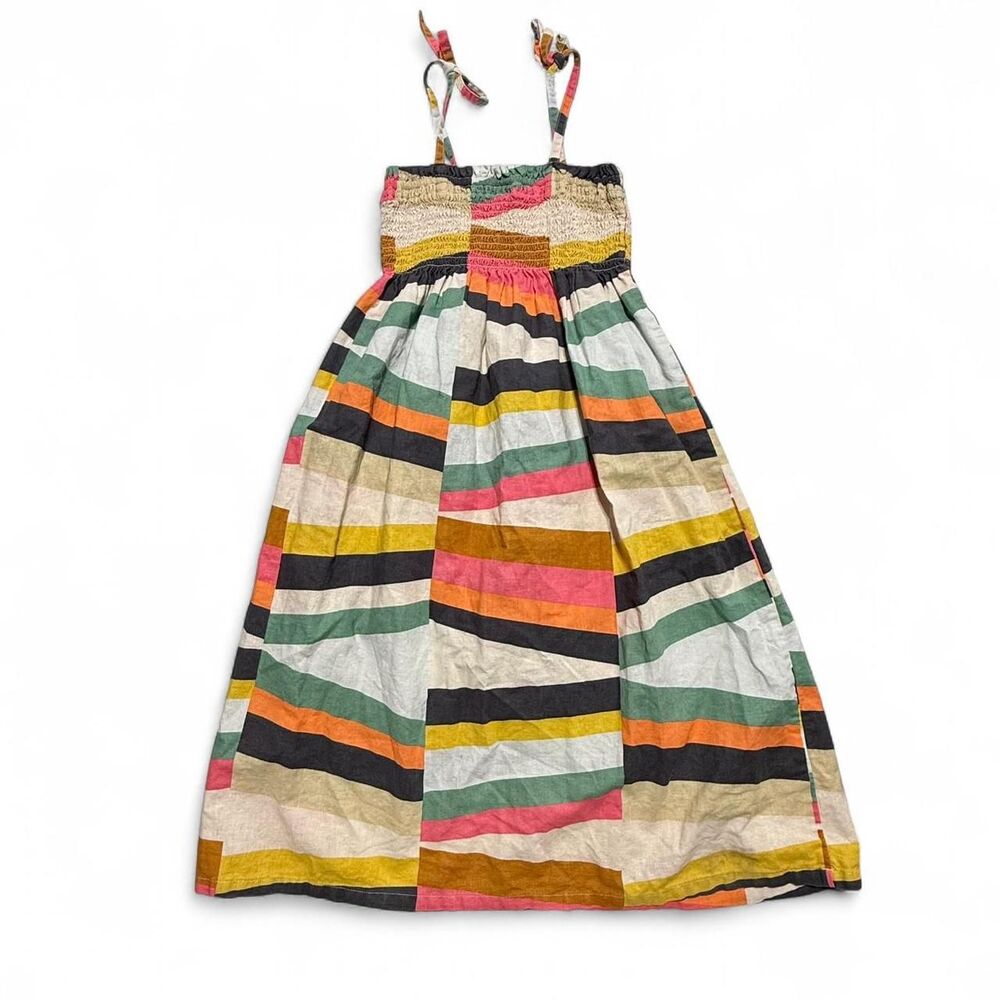 Tea Collection Multi-Color Striped Linen Blend Smocked Sundress Size 7